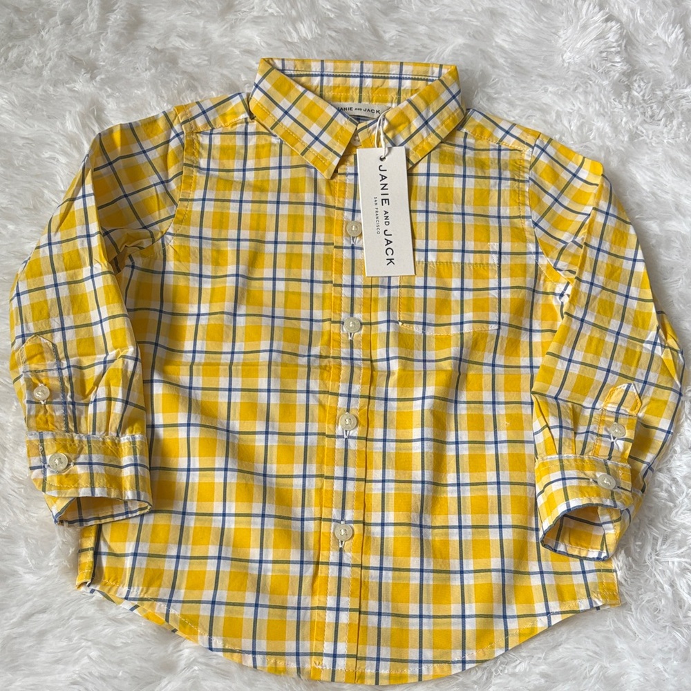 NWT Janie And Jack Yellow Plaid Long Sleeve Button Down Shirt Size 18-24 Month